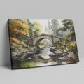 Framed canvas print of a tranquil autumnal scene featuring a rustic stone bridge over a serene river with lush forest in the background