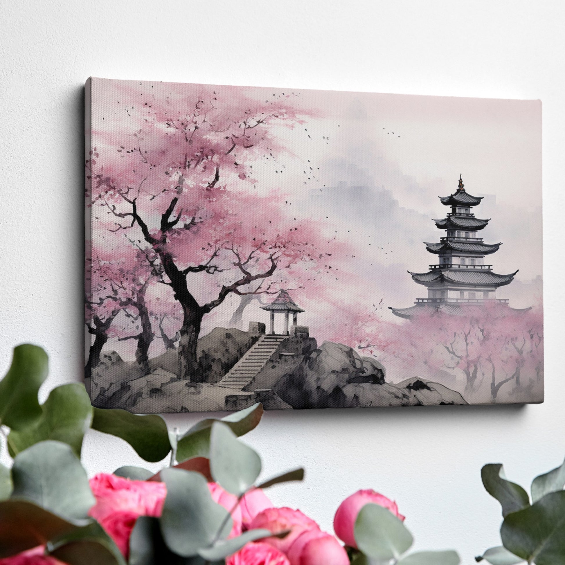 Framed canvas print of Oriental Pagoda in Mist with Cherry Blossoms