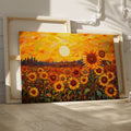 Framed canvas print of sunflowers beneath a golden sunset in an illustrative style