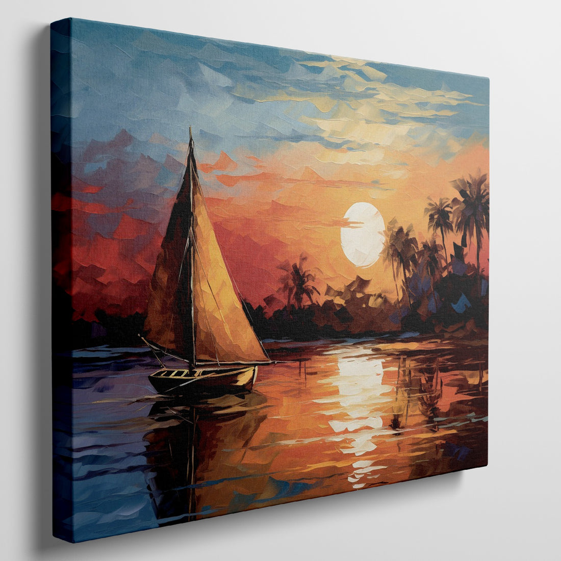 Framed canvas print of an Impressionist sailboat sailing at sunset with vibrant orange and blue colors