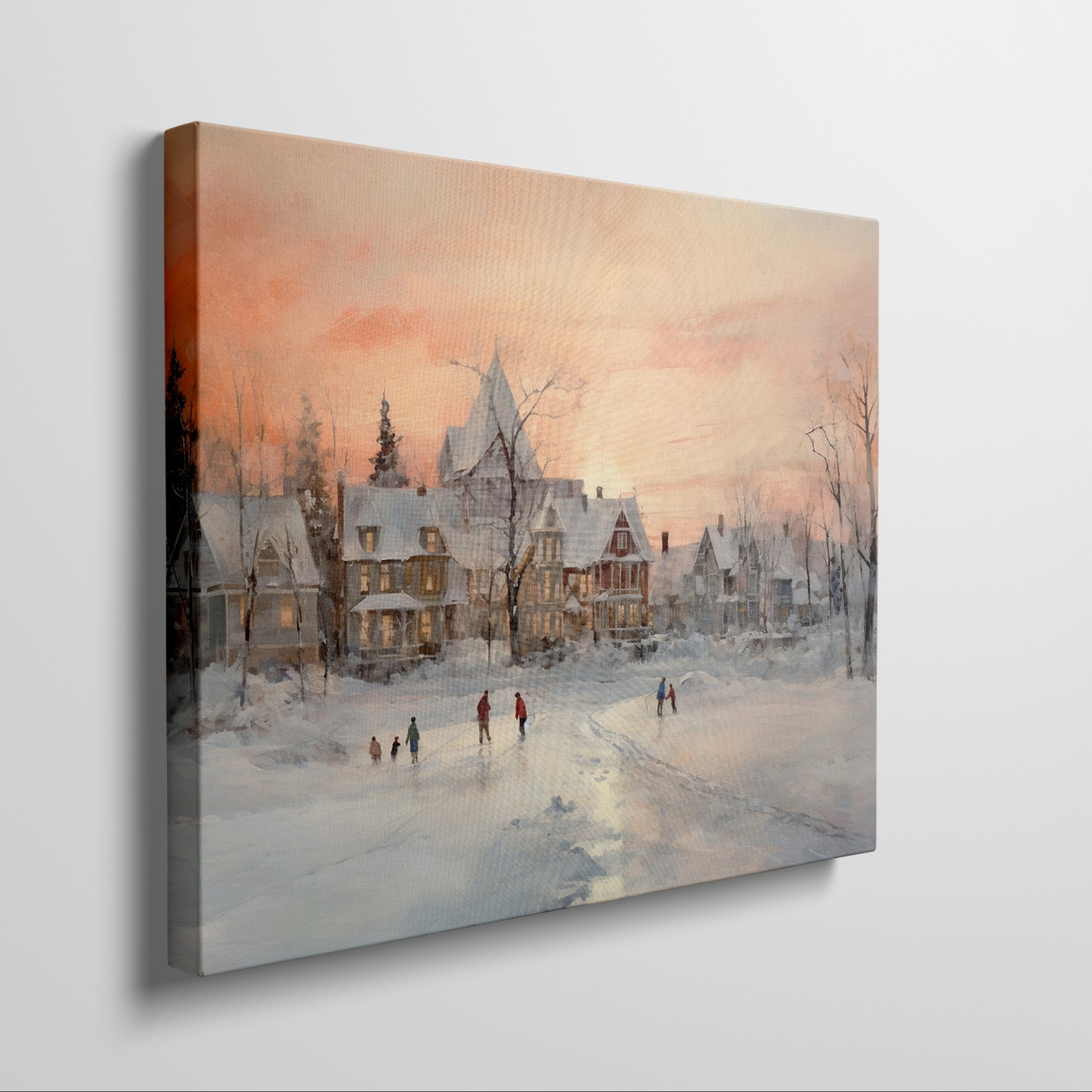 Framed canvas print of a snowy Victorian village at sunset with people ice skating