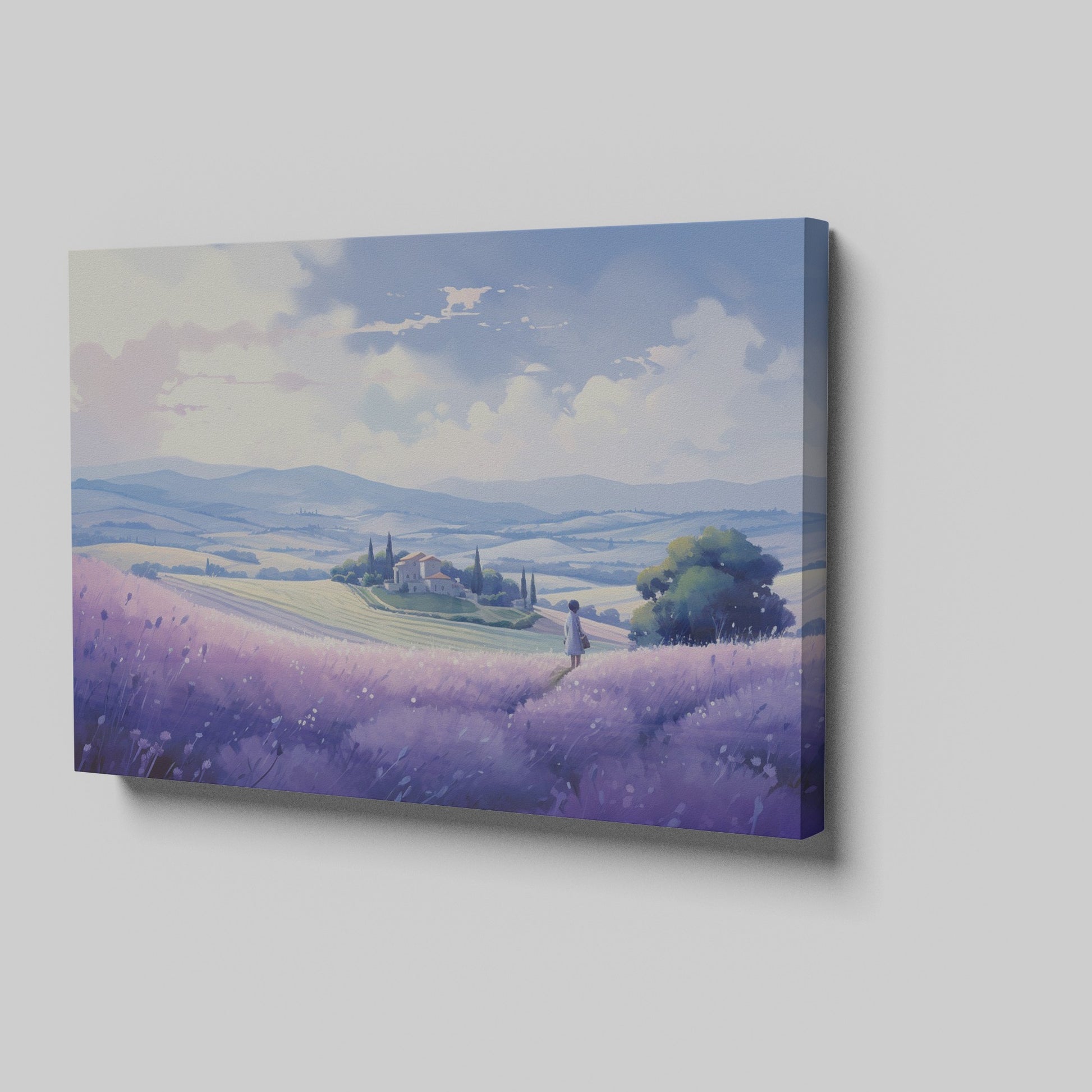 Framed canvas print of a scenic countryside with lavender fields and a rustic house