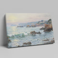 Framed canvas print of a coastal sunset impressionist painting with soft pastel colours and textured ocean waves