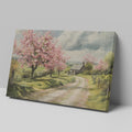 Framed canvas print of a picturesque countryside with cherry blossoms and a farmhouse