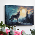 Framed canvas print of a wolf howling at sunset among forest trees