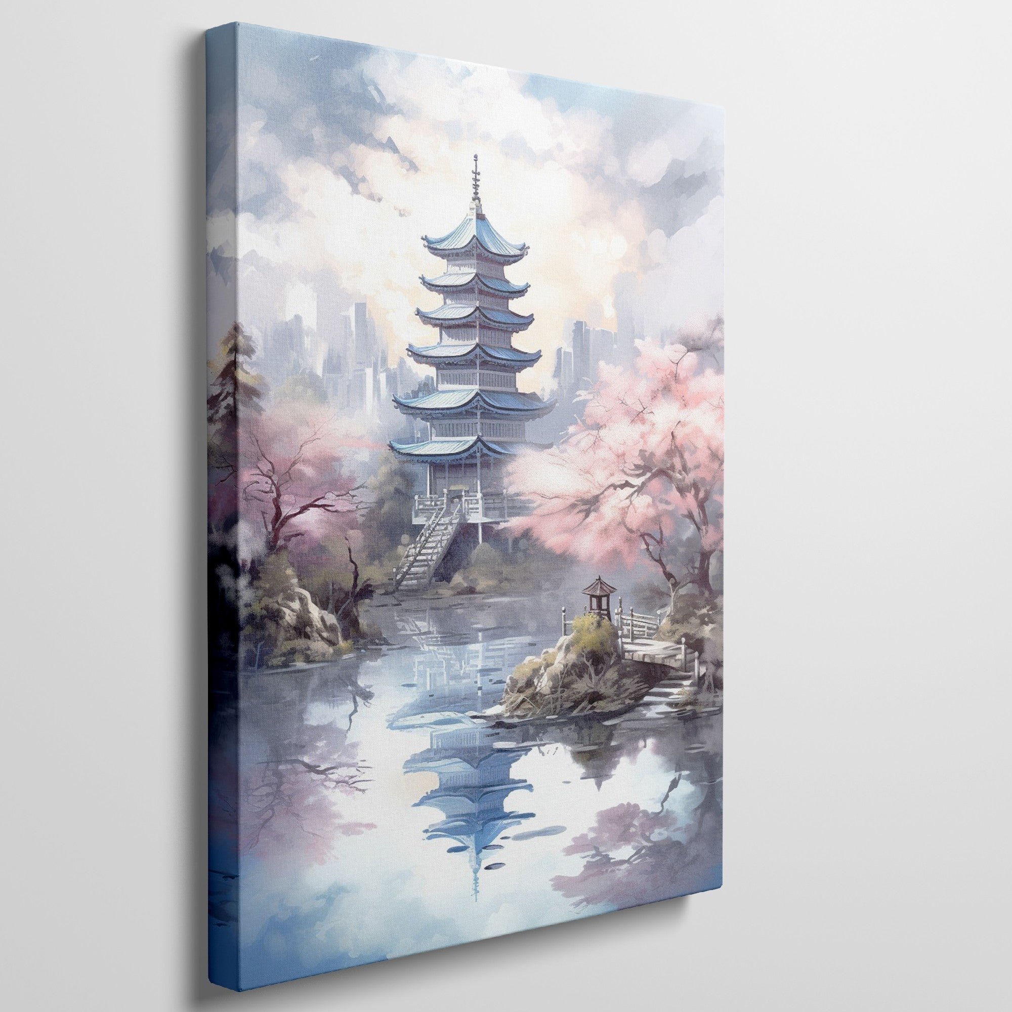 Framed canvas print of a traditional pagoda with cherry blossoms over tranquil waters, with modern skyline in the background