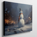 Framed canvas print of a snowman in a winter evening townscape with warm street lights and snowfall