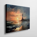 Framed canvas print of an impressionistic lighthouse seascape with vibrant sunset hues