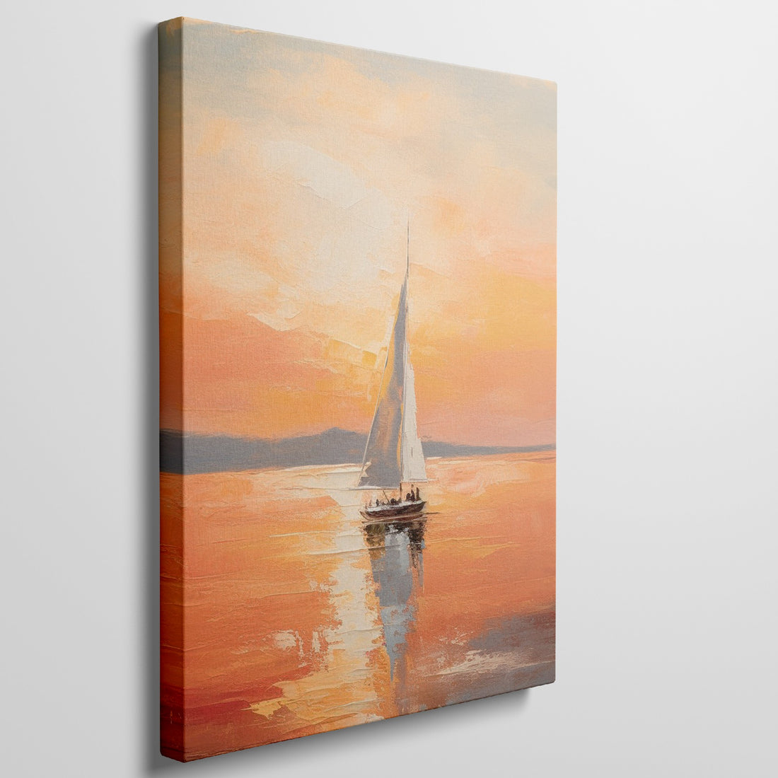 Framed canvas print of an impressionistic sunset seascape with golden colours and a sailboat