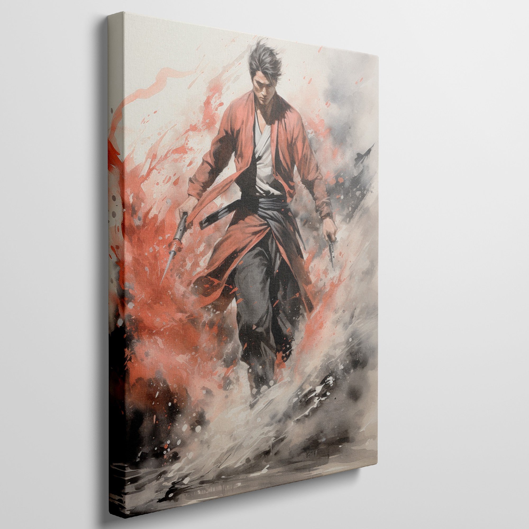 Framed canvas print of a dynamic Samurai in traditional red and black attire with expressive brush strokes