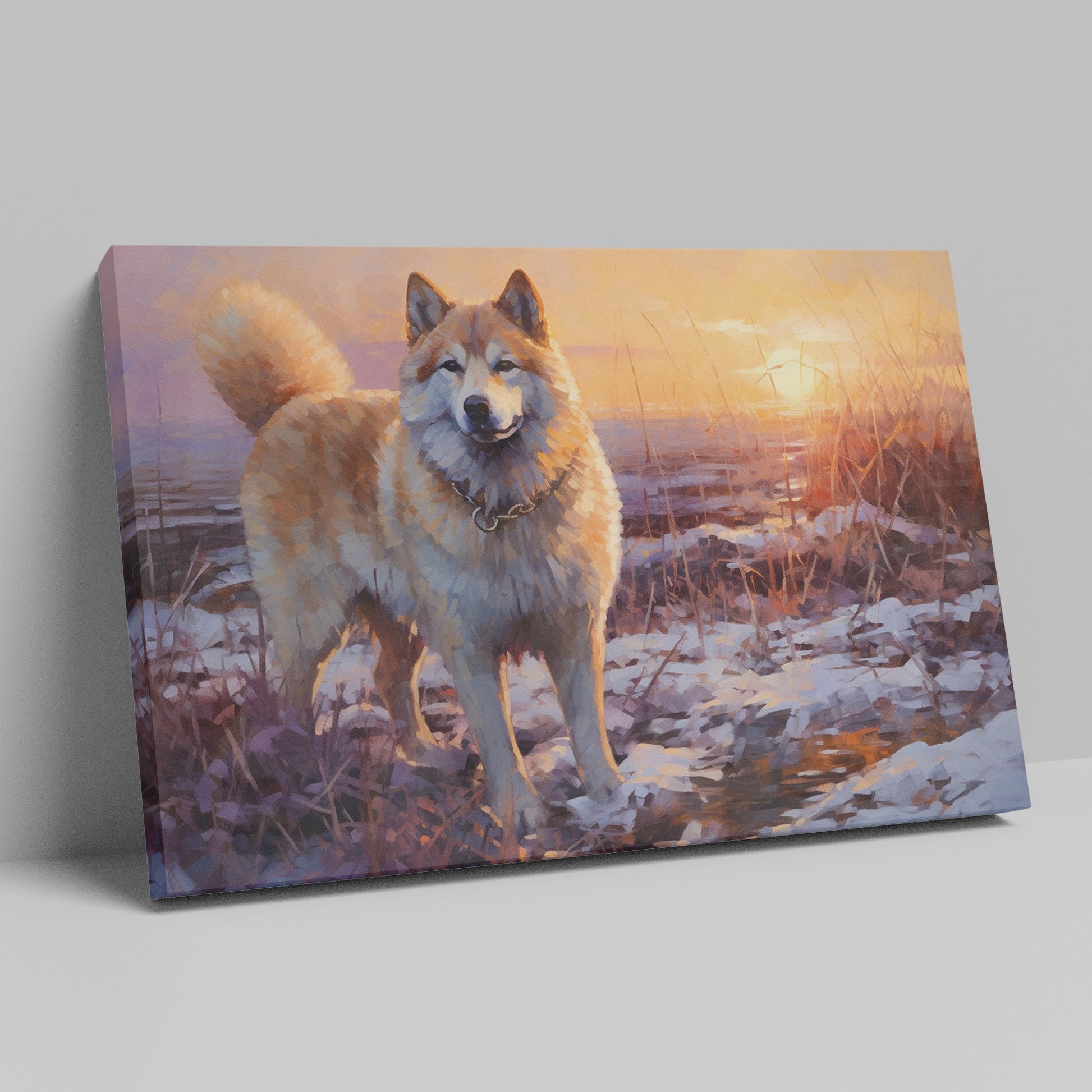 Framed canvas print of a dog in impressionist style with a winter sunset in the background