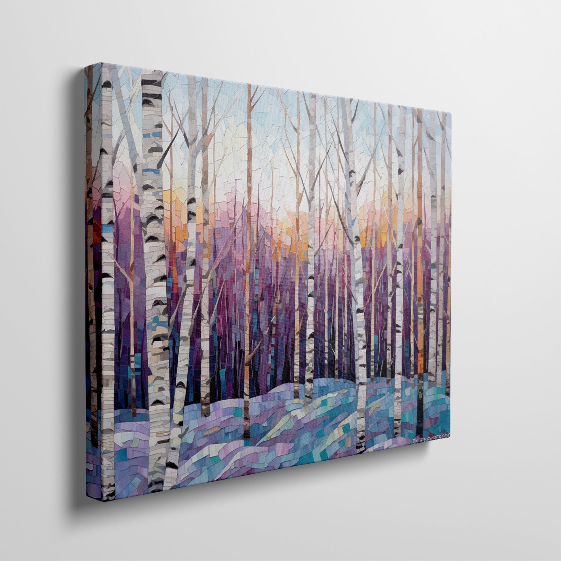 Framed canvas print of a vibrant geometric mosaic depicting an abstract birch forest with coloured leaves and sunset backdrop