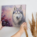 Framed canvas print of a stylised wolf portrait with a pastel floral background and sunset colours