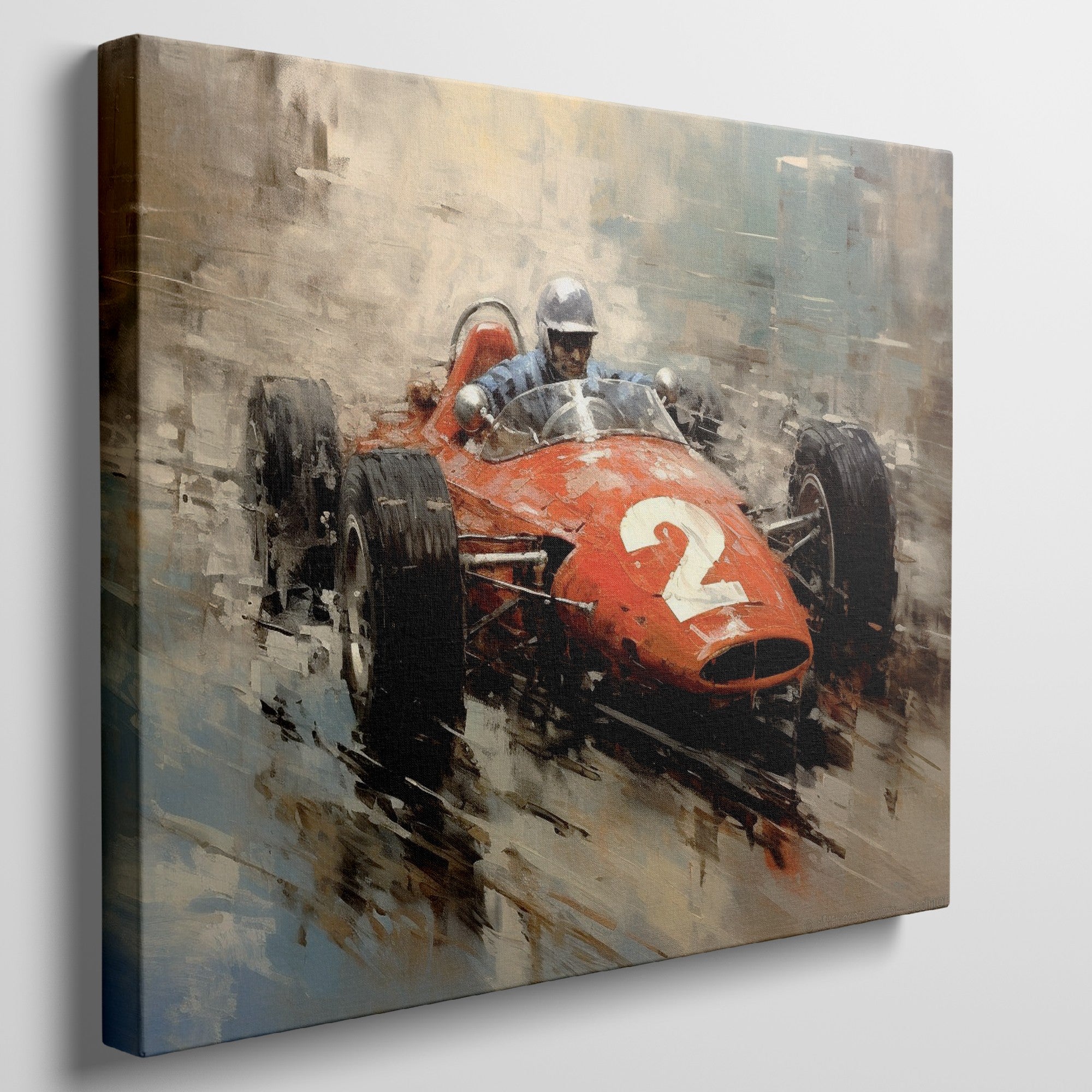 Framed canvas print of a vintage racing car in impressionistic style