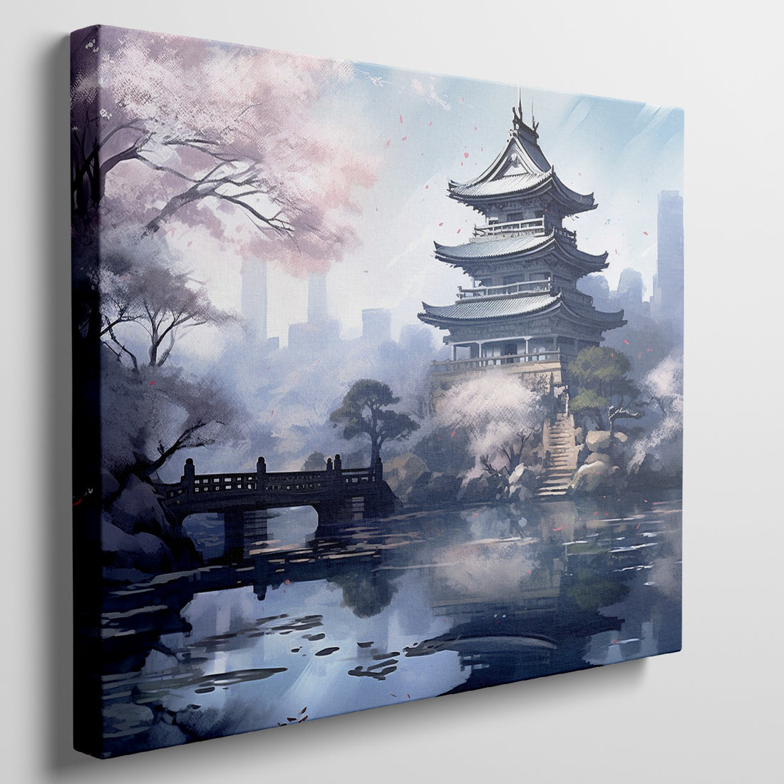 Digital painting of an Asian temple with cherry blossoms and a bridge over a reflective pond