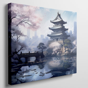 Digital painting of an Asian temple with cherry blossoms and a bridge over a reflective pond