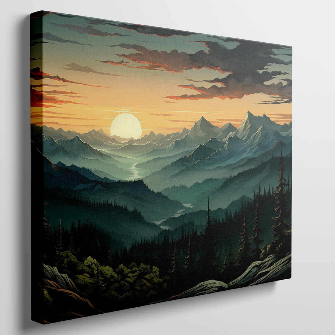 Framed canvas print of a scenic mountain landscape at sunrise with vibrant colours and forested valley