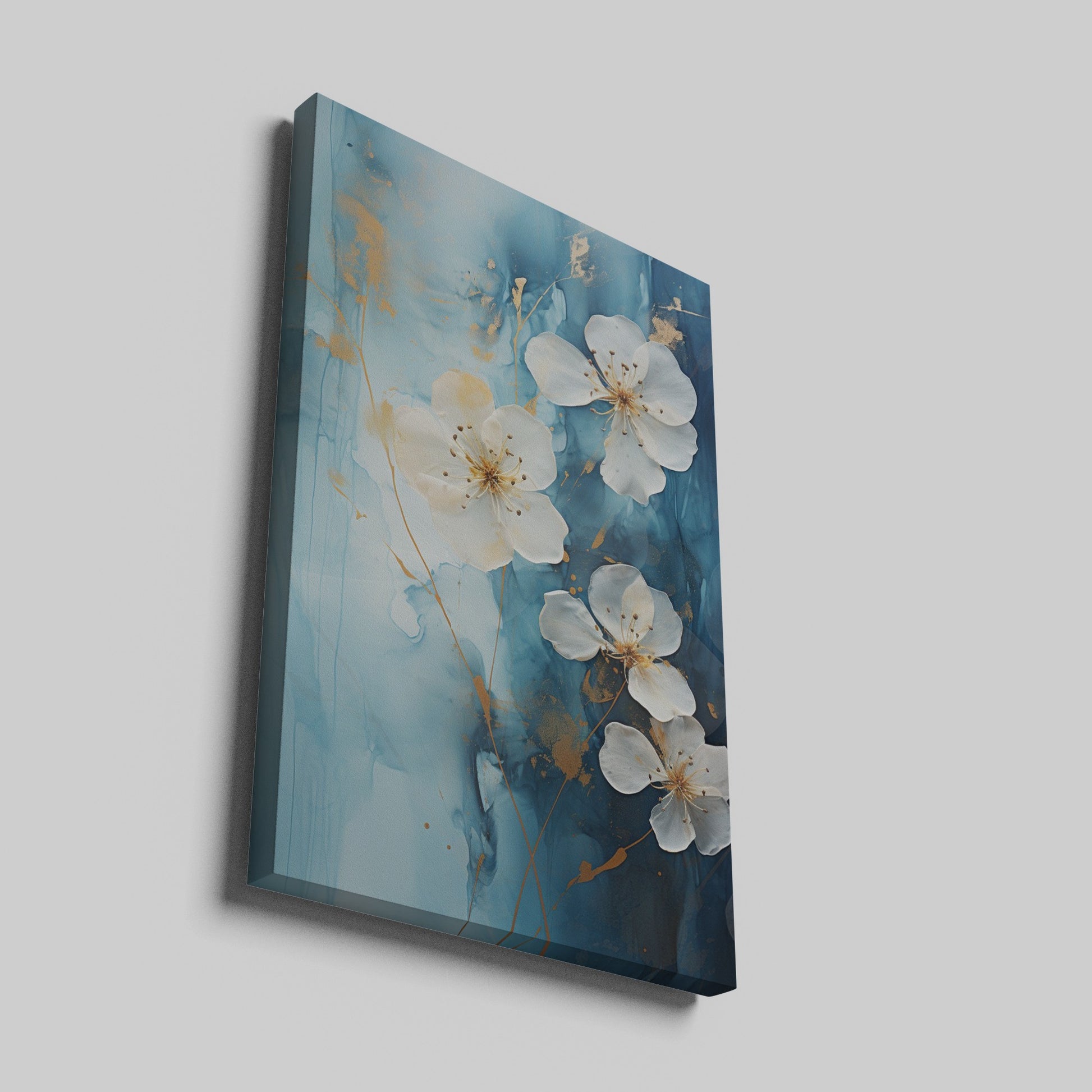 Framed canvas print of blue and gold abstract floral artwork