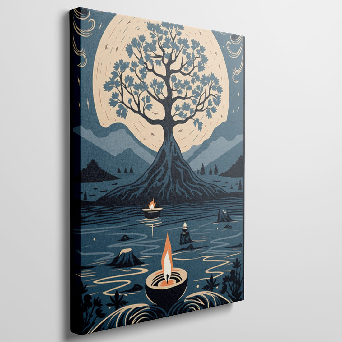 Framed canvas print of a stylised tree against a golden moon with decorative flames and a serene waterscape