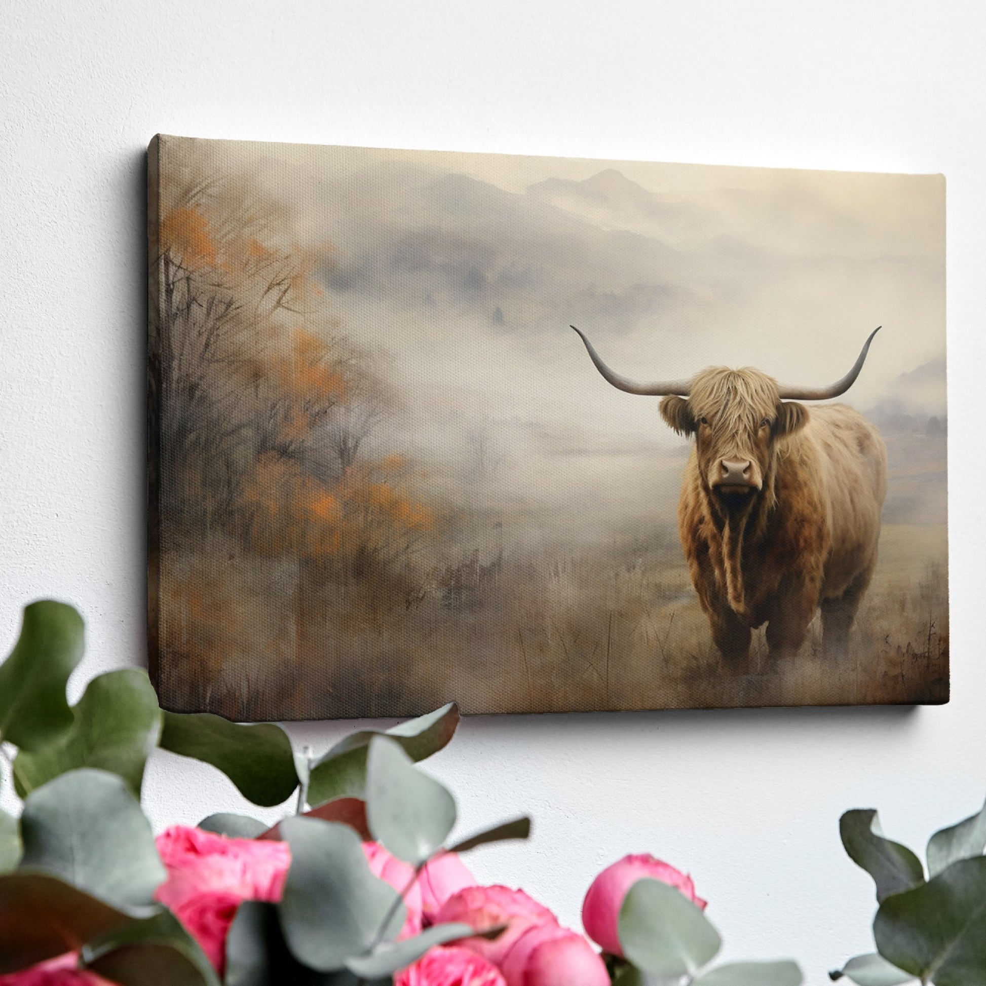 Framed canvas print of a Highland cow in a misty autumnal landscape with warm earthy tones