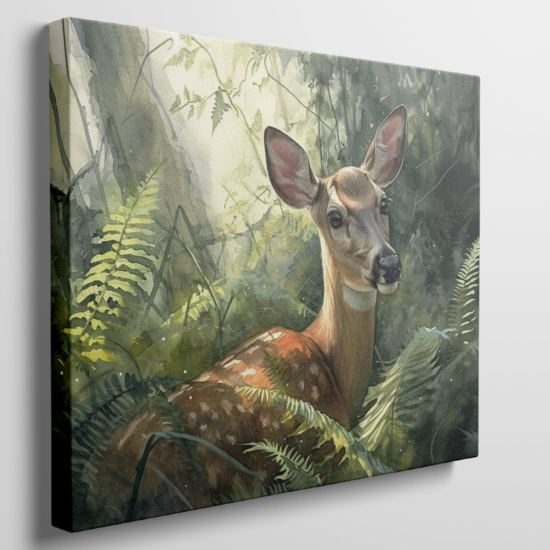 Framed canvas print of a serene deer in a luminous forest watercolour scene