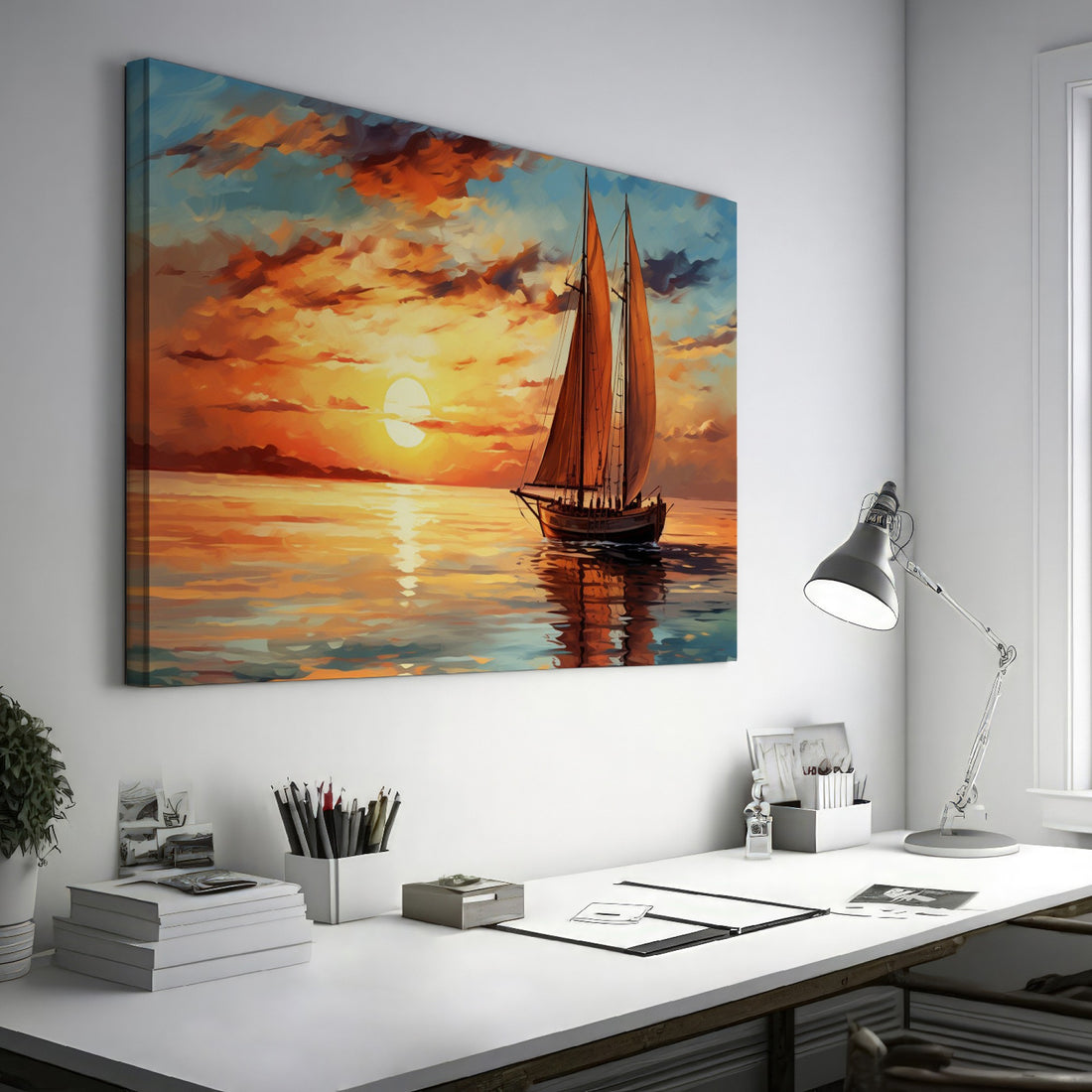 Impressionistic canvas painting of a sailboat at sunset with vivid orange sky and calm sea reflections