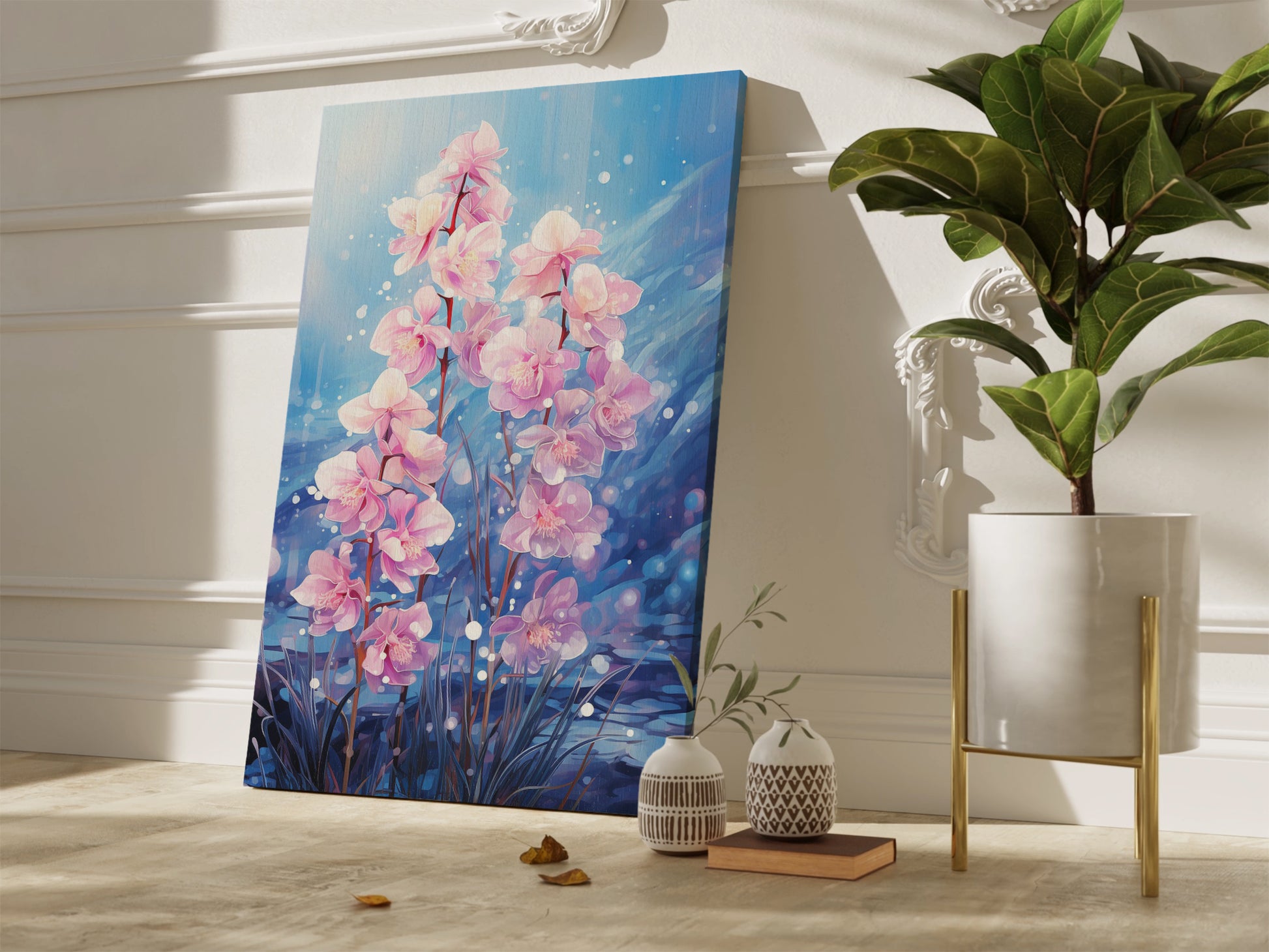 Framed canvas print of serene pink orchids with reflective water in an illustrative style