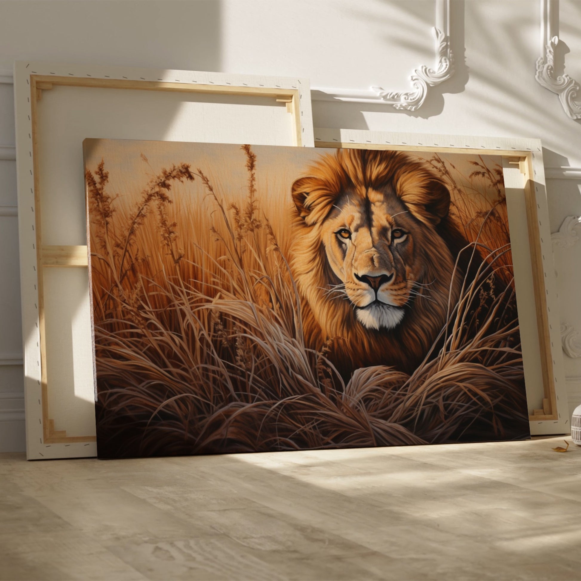 Framed canvas print of a realistic lion portrait in earthy tones