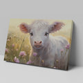 Framed canvas print of a realistic calf in a meadow with pink and yellow flowers