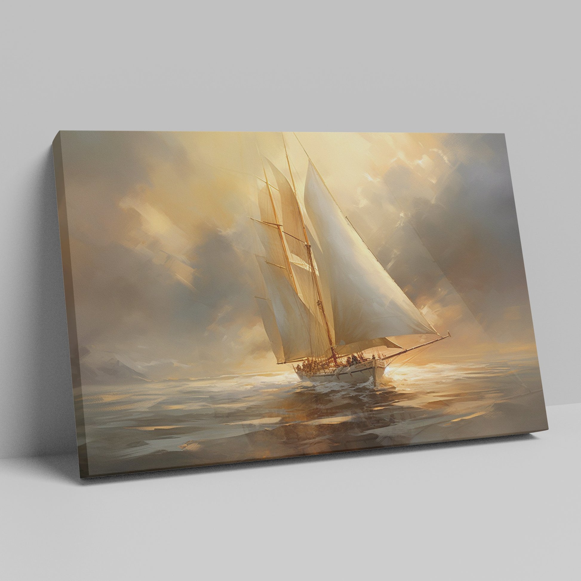 Framed canvas print of a classic sailing ship gliding through the ocean at sunset, with warm golden and amber tones in the sky