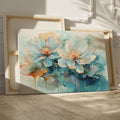 Framed canvas print of abstract watercolor lotus flowers with vibrant aquamarine and earth tones