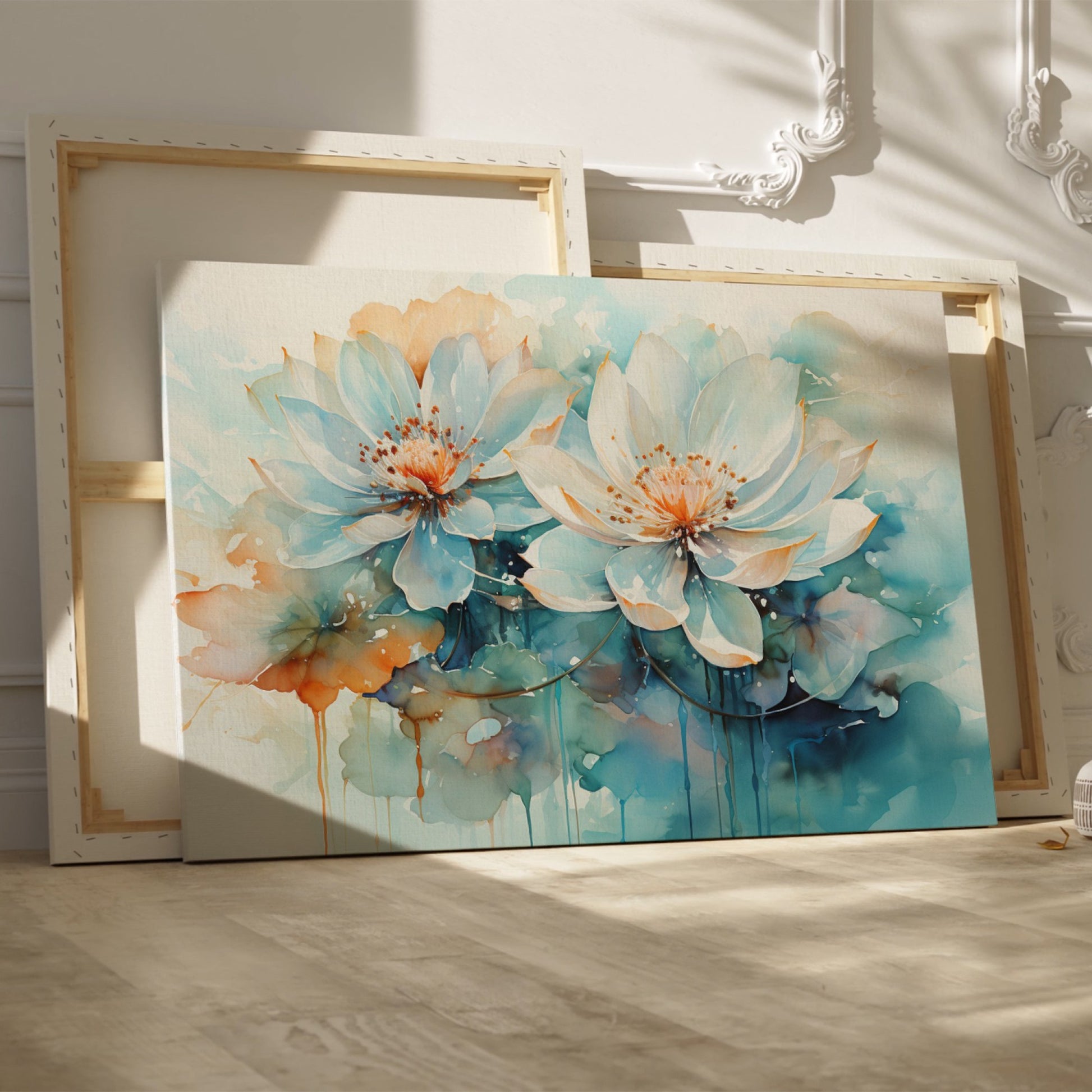 Framed canvas print of abstract watercolor lotus flowers with vibrant aquamarine and earth tones