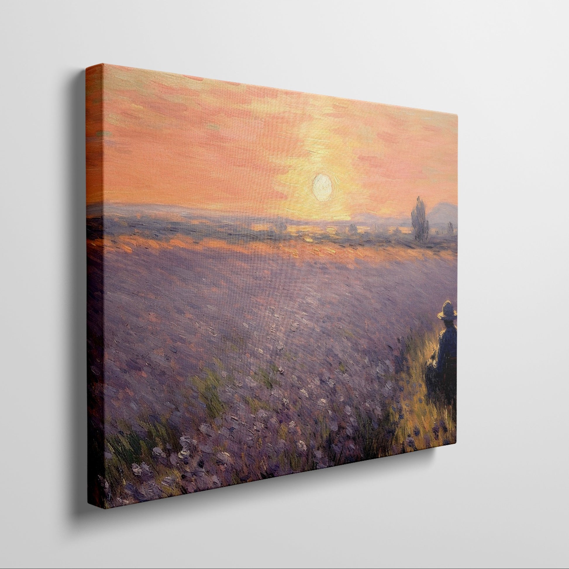 Framed canvas print of an impressionist lavender field with a person at sunset displaying warm sunset colours