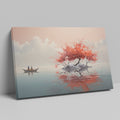 Framed canvas print of a tranquil lake with cherry blossoms and boat