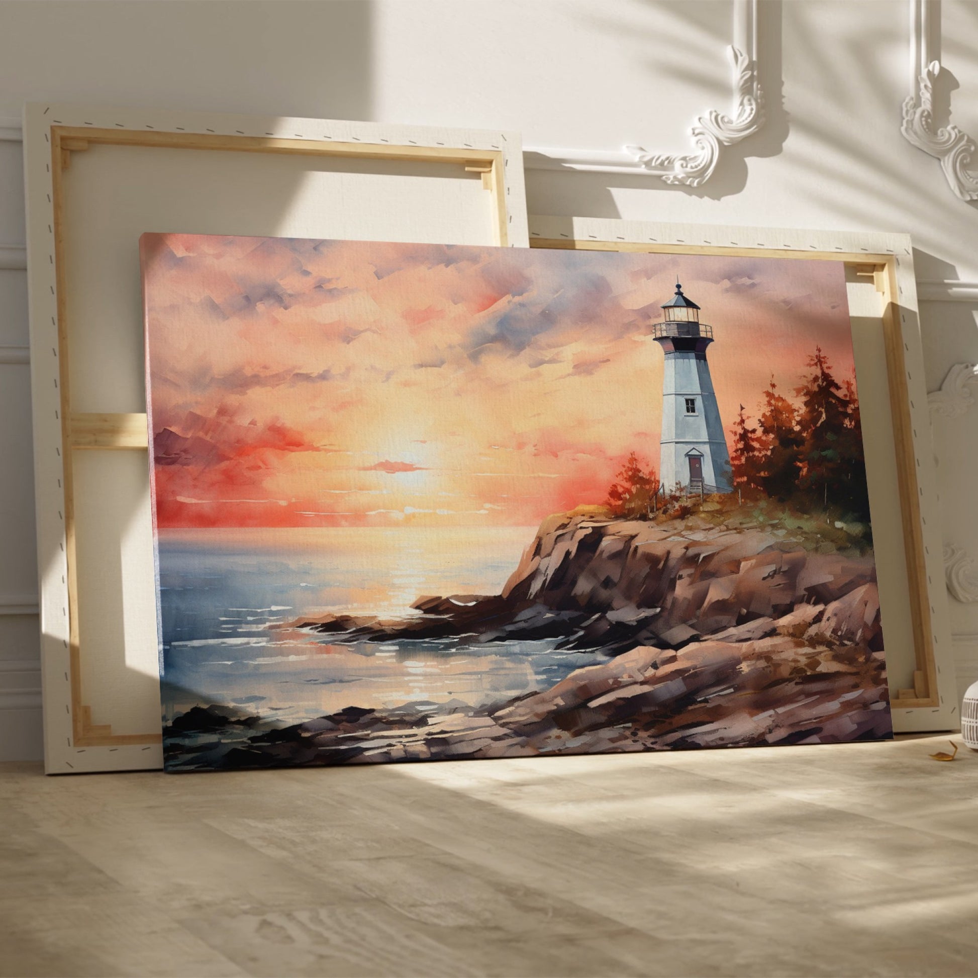 Framed canvas print of a watercolour lighthouse seascape at sunset with vibrant hues of pink, blue, and gold