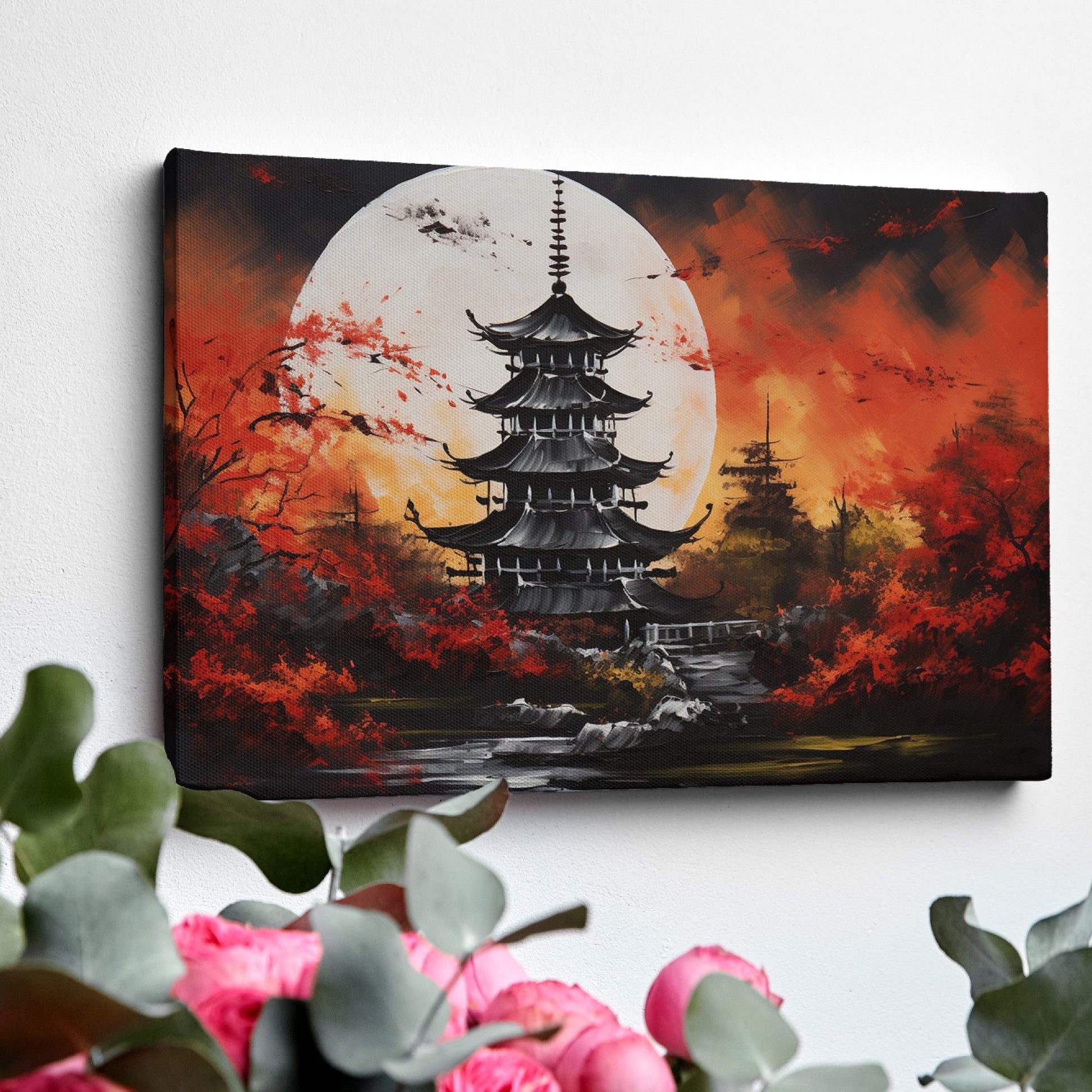 Framed canvas print of a traditional Asian pagoda under a full moon with vibrant autumn red and black colours