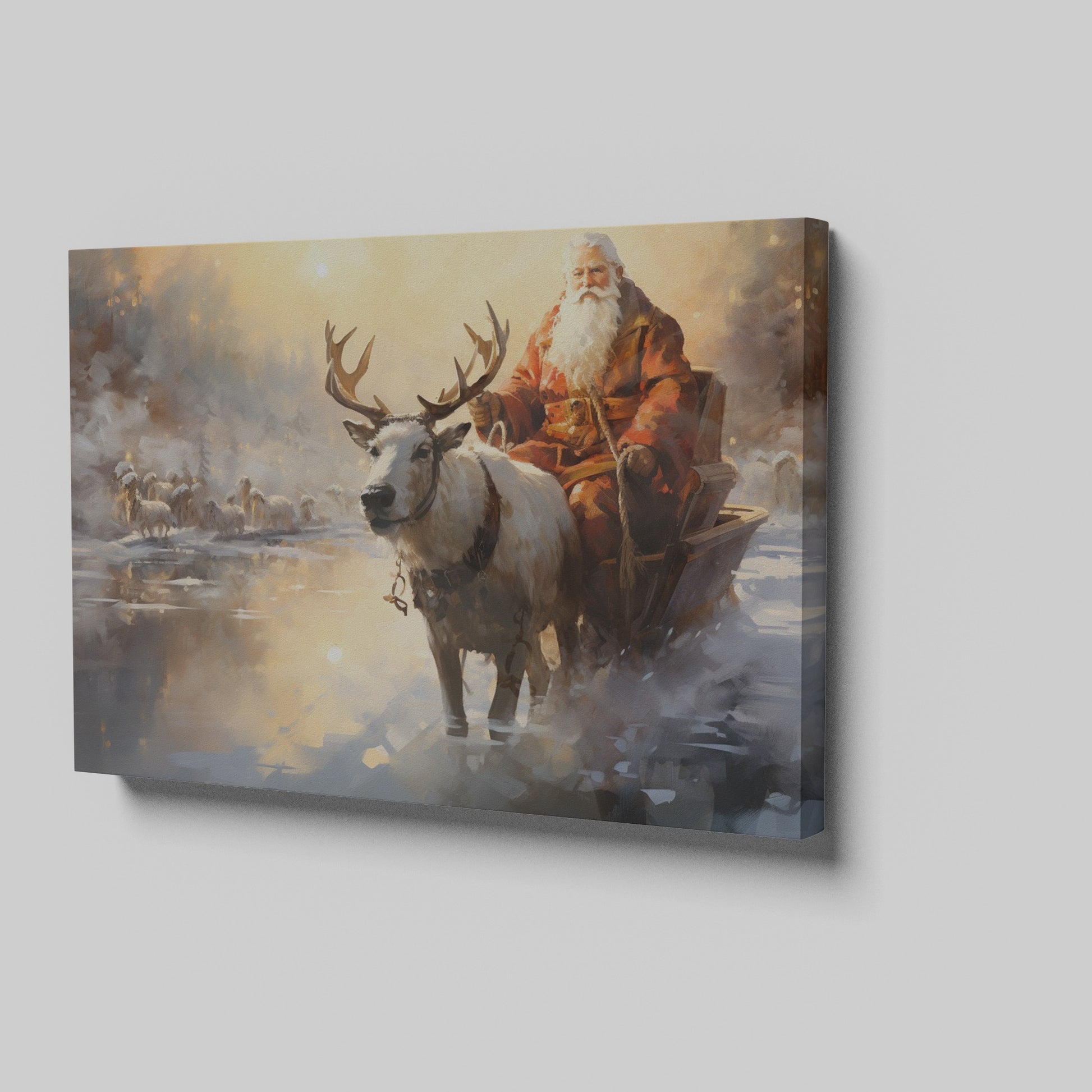 Framed canvas print of a mythical figure in red with a reindeer in a warm, snowy sunset landscape