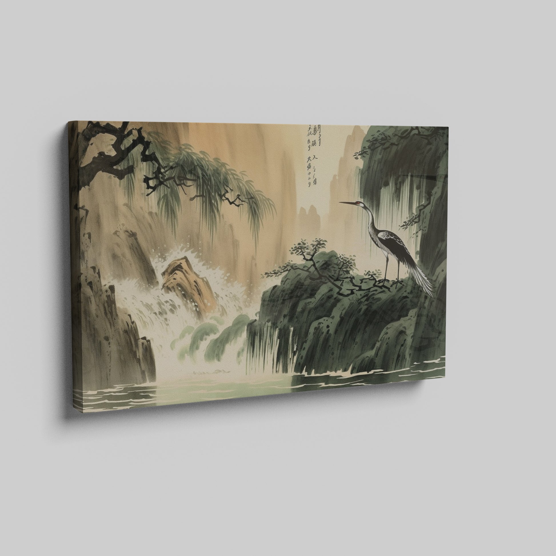 Framed canvas print of an Oriental crane beside a waterfall in traditional Chinese ink wash style