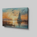 Framed canvas print of an impressionist painting depicting a sailboat at sunset with vibrant oranges and blues