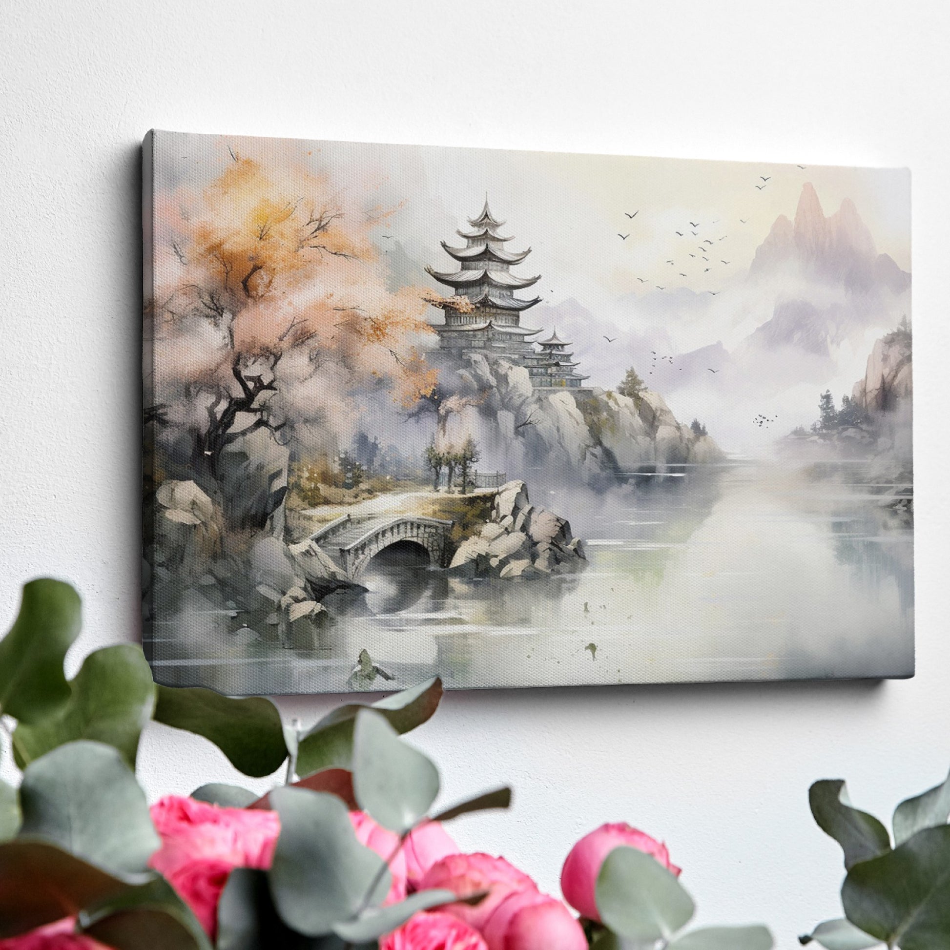 Framed canvas print of a traditional Oriental landscape with pagoda, autumn trees, and misty mountains