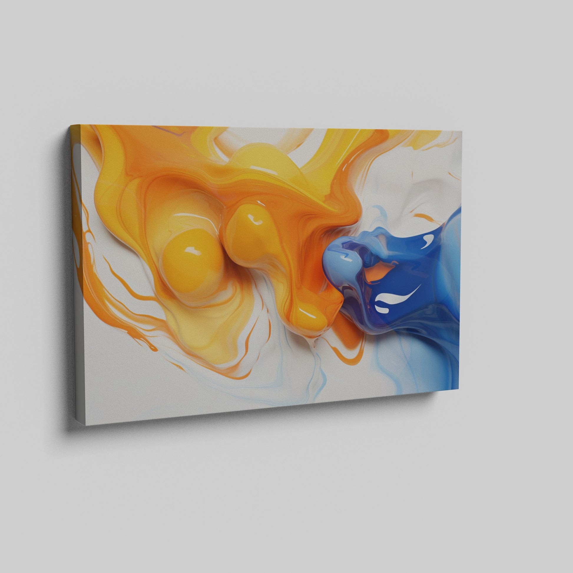 Framed canvas print of vibrant orange and blue abstract fluid art