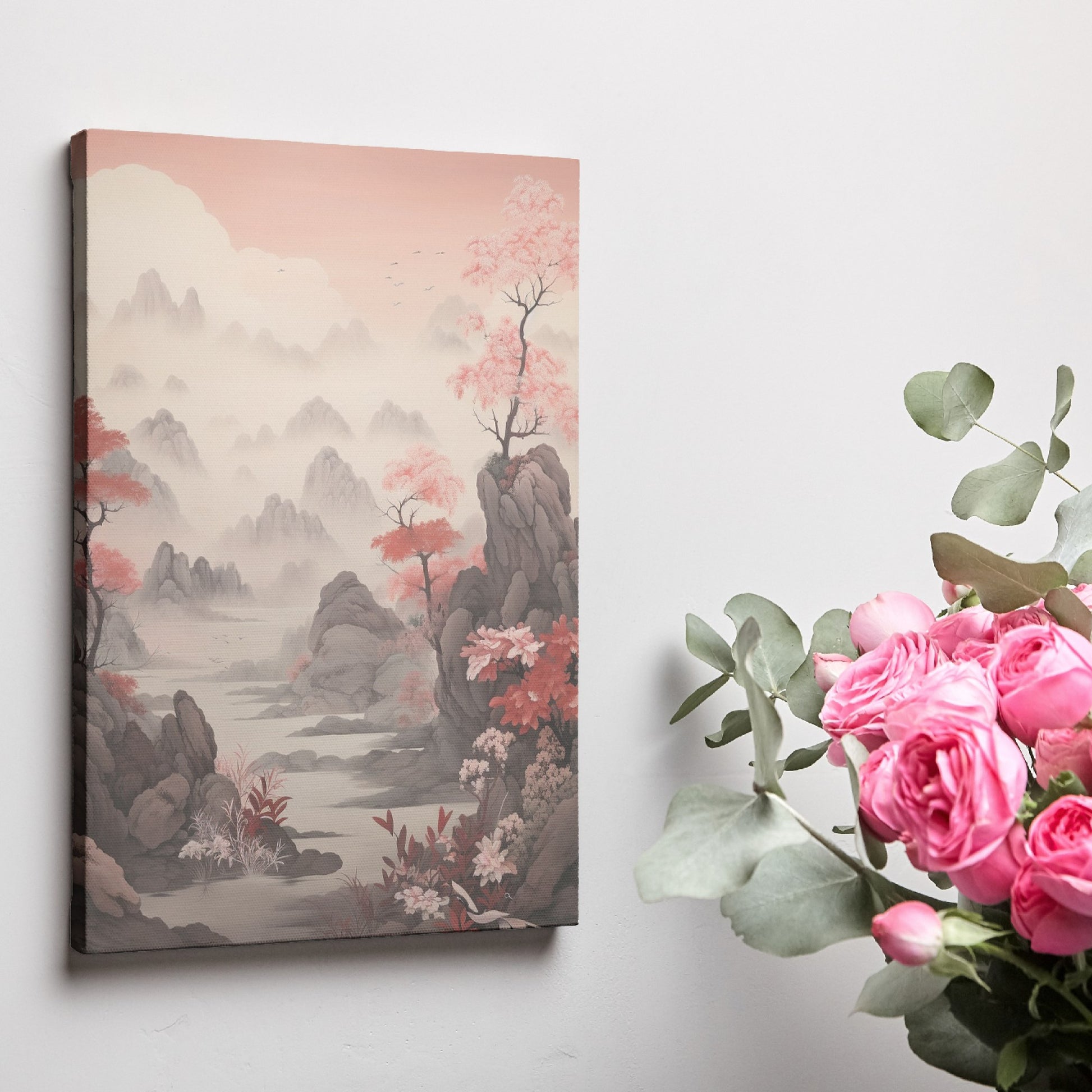 Framed canvas print of Oriental landscape with cherry blossoms and misty mountains