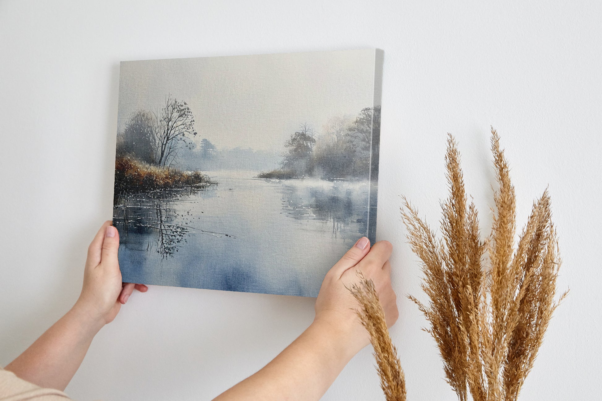 Framed canvas print of a misty river landscape with water reflections in cool tones