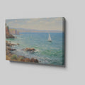 Framed canvas print of an impressionist painting depicting sailing boats on a serene sea beside a coastal cliff