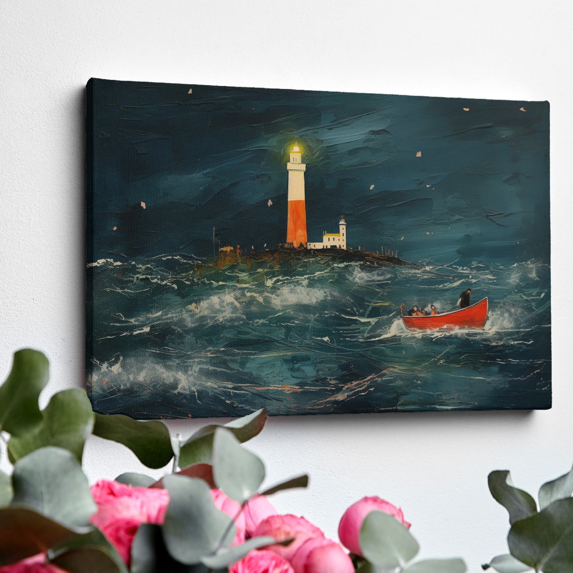 Framed canvas print of impressionist oceanic artwork featuring a bright lighthouse and a red boat in a stormy sea