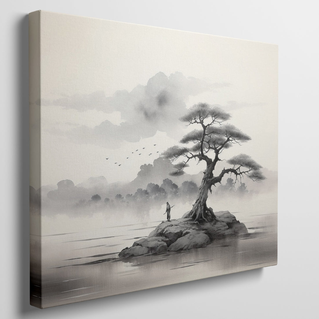 Framed canvas print of a tranquil Oriental ink wash painting with a fisherman by a tree