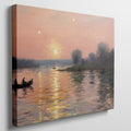 Framed canvas print of an impressionist sunset river scene with canoes and a warm glow