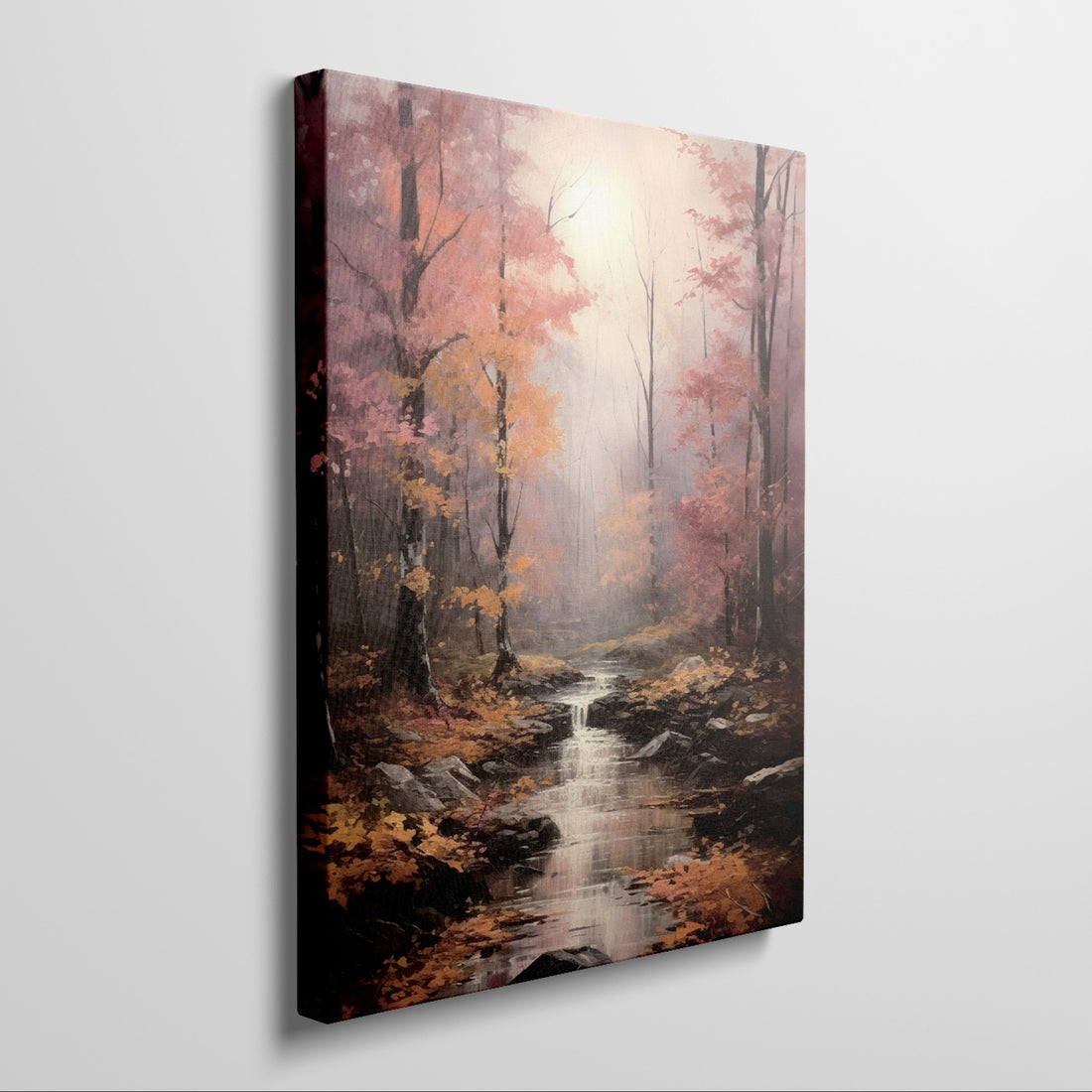 Framed canvas print of an autumn forest with a waterfall and misty atmosphere