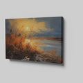 Framed canvas print of impressionist sunset with vivid brushstrokes in golden and blue