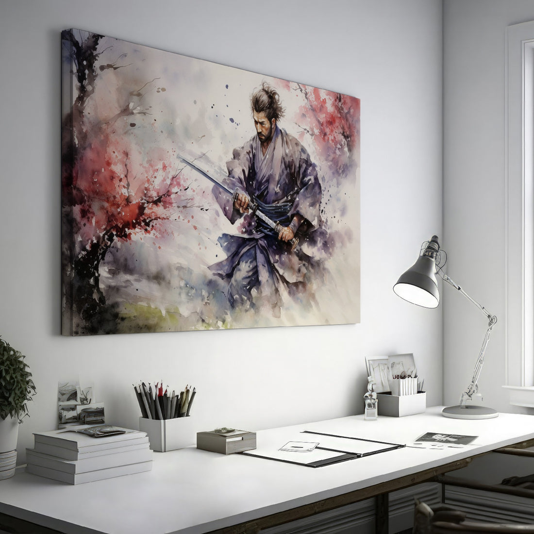 Framed canvas print of a samurai warrior in watercolour, with dynamic ink splatters in vivid hues.